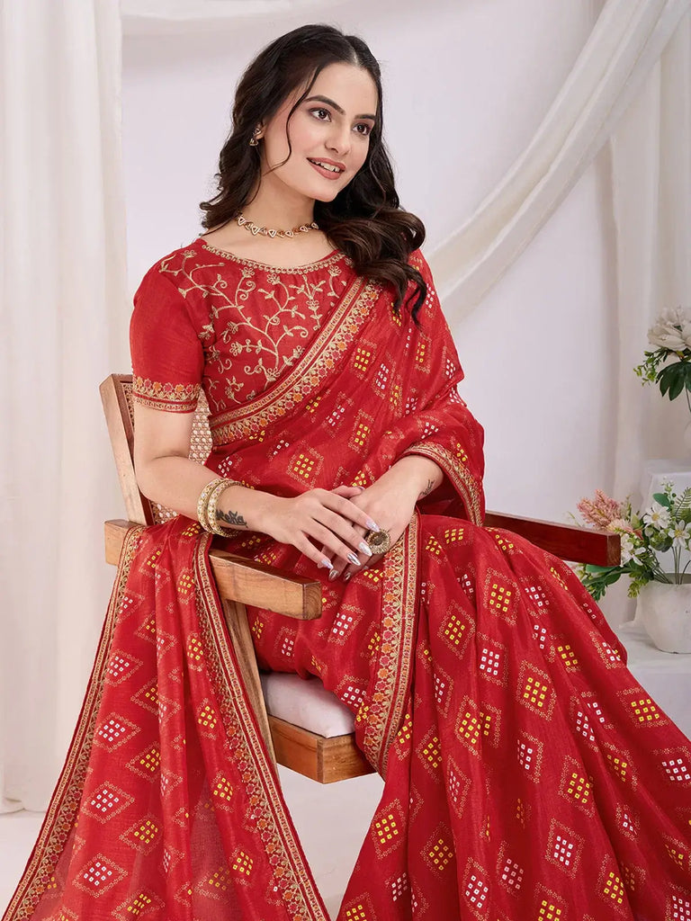 Incredible Red Bandhani Printed Silk Wedding Saree With Blouse