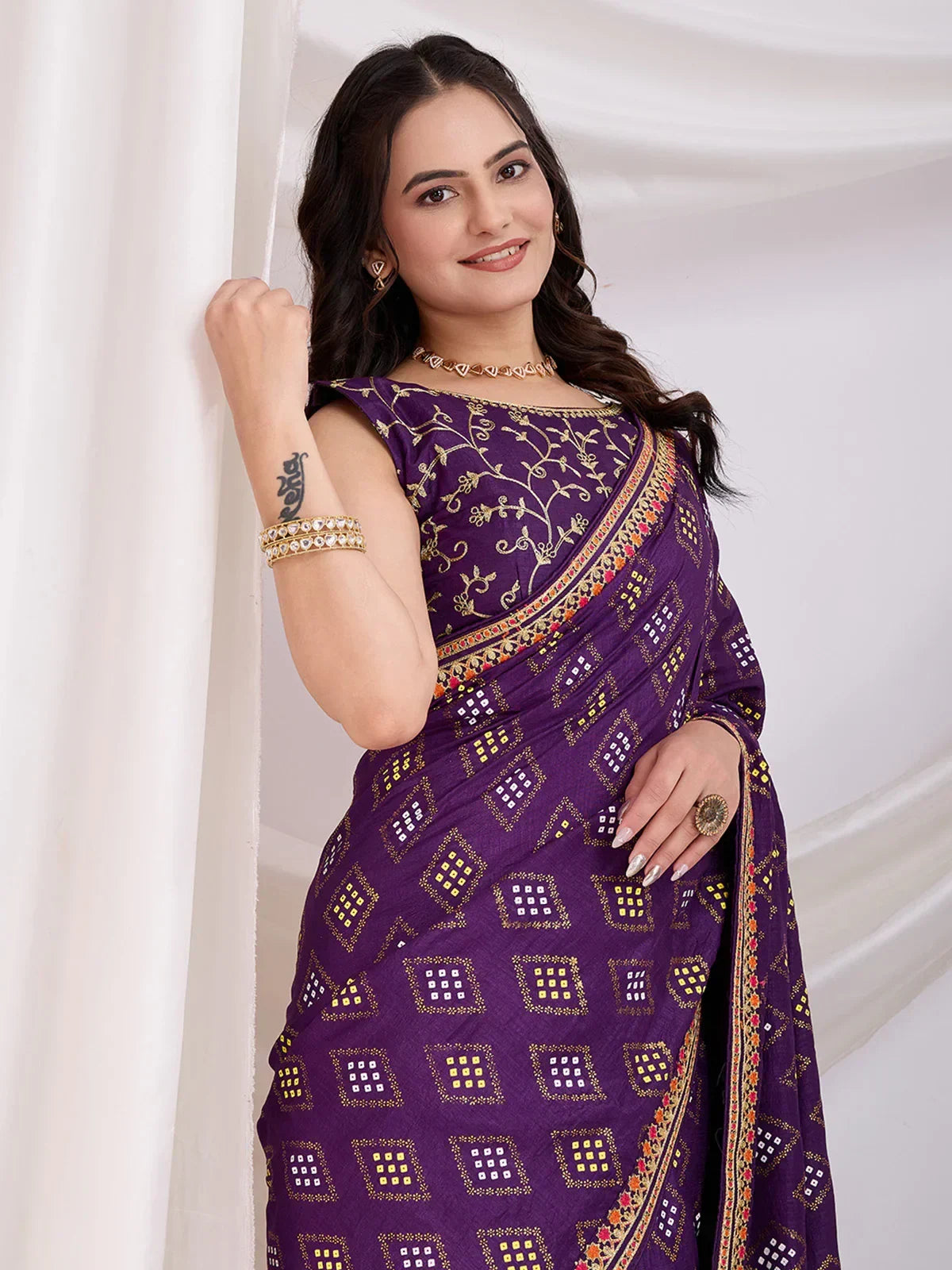 Stunning Purple Bandhani Printed Silk Traditional Saree With Blouse
