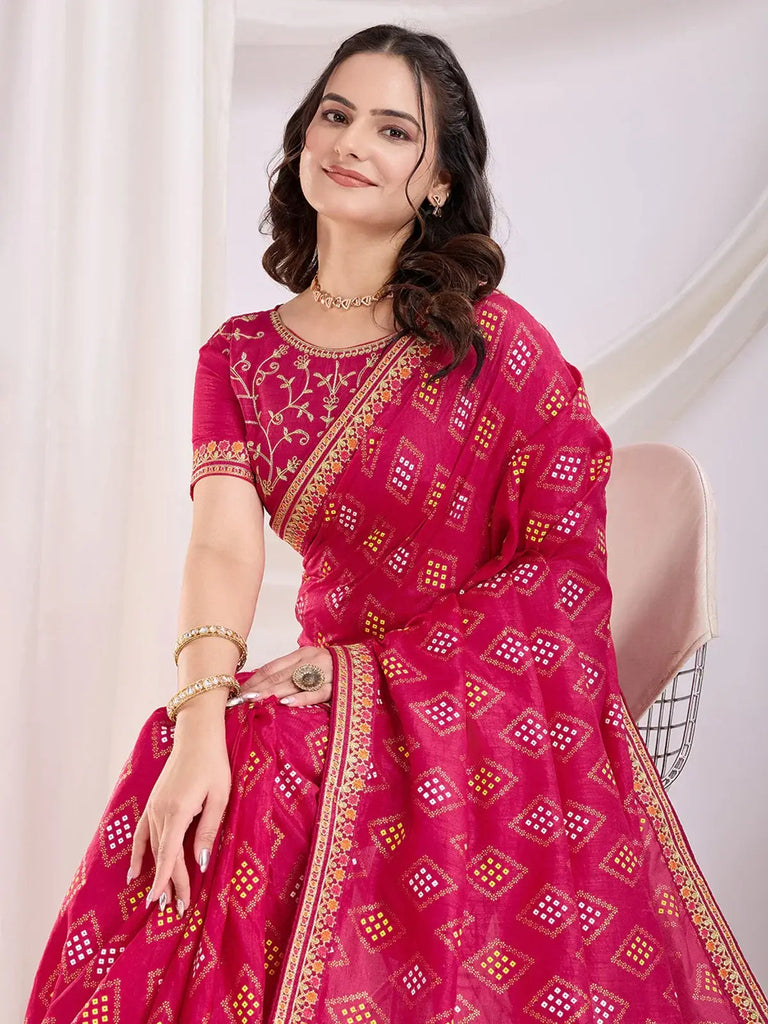 Captivating Pink Bandhani Printed Silk Event Wear Saree With Blouse