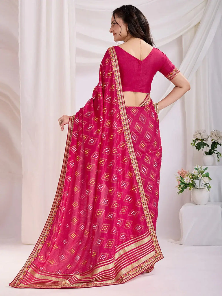Captivating Pink Bandhani Printed Silk Event Wear Saree With Blouse