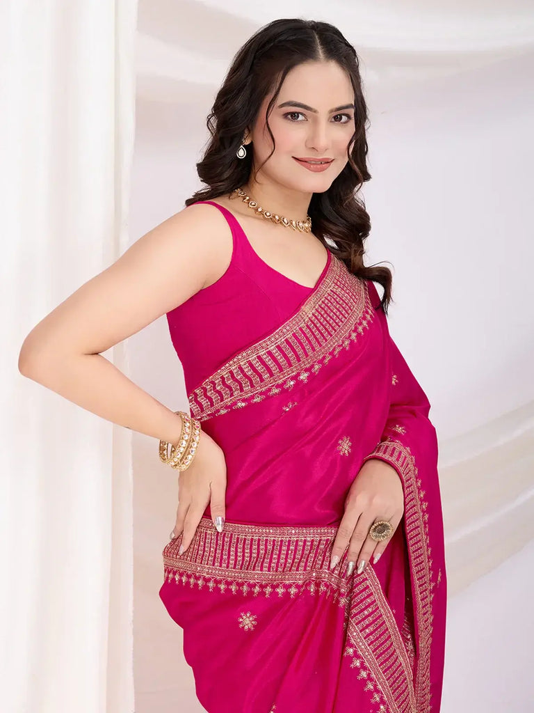 Beautiful Dark Pink Heavy Border Work Chinon Engagement Wear Saree