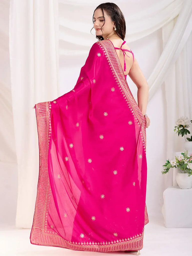 Beautiful Dark Pink Heavy Border Work Chinon Engagement Wear Saree