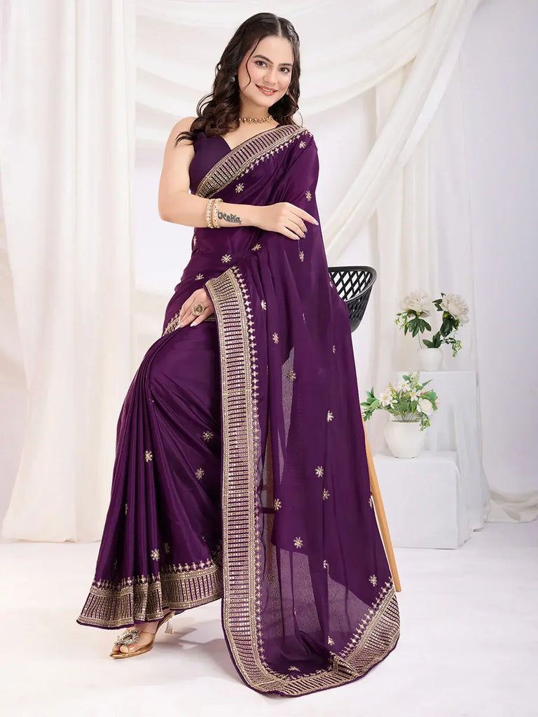 Lovely Violet Heavy Lace Border Work Chinon Saree With Blouse