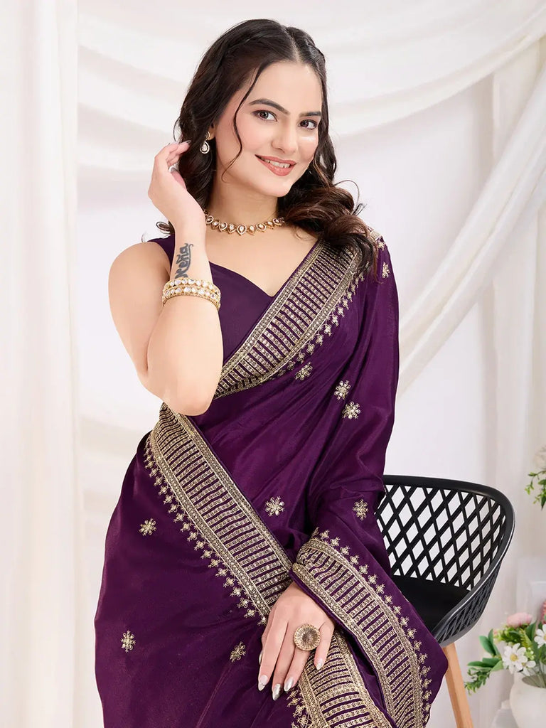 Lovely Violet Heavy Lace Border Work Chinon Saree With Blouse