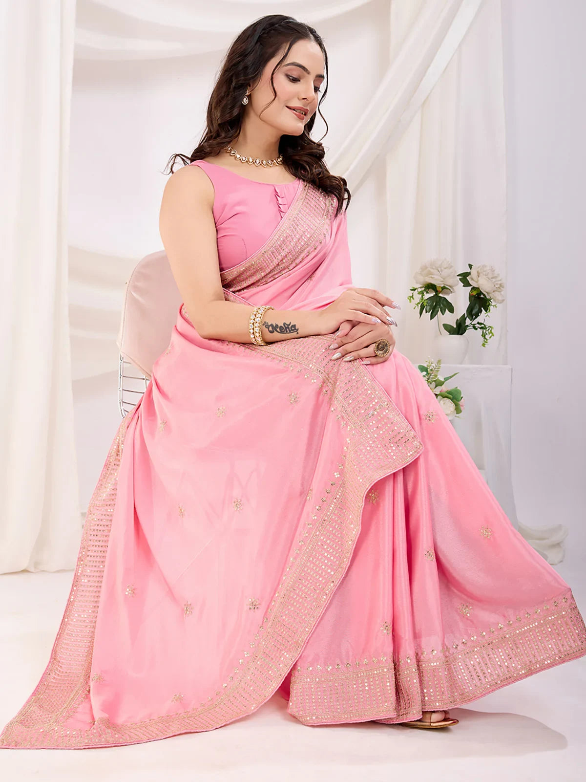 Precious Baby Pink Heavy Border Work Chinon Engagement Wear Saree