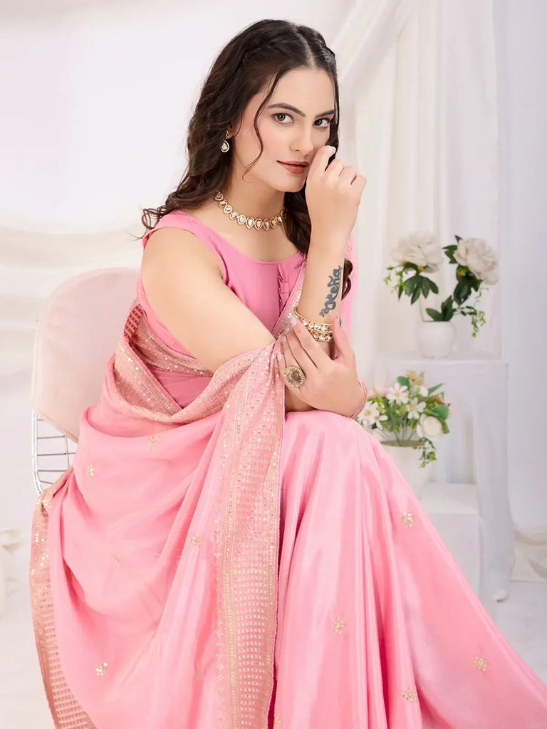 Precious Baby Pink Heavy Border Work Chinon Engagement Wear Saree
