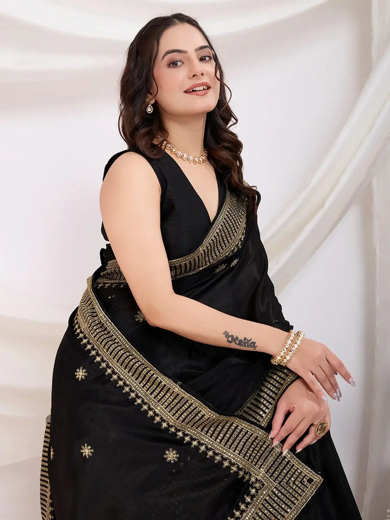 Magnetic Black Heavy Border Work Chinon Reception Wear Saree