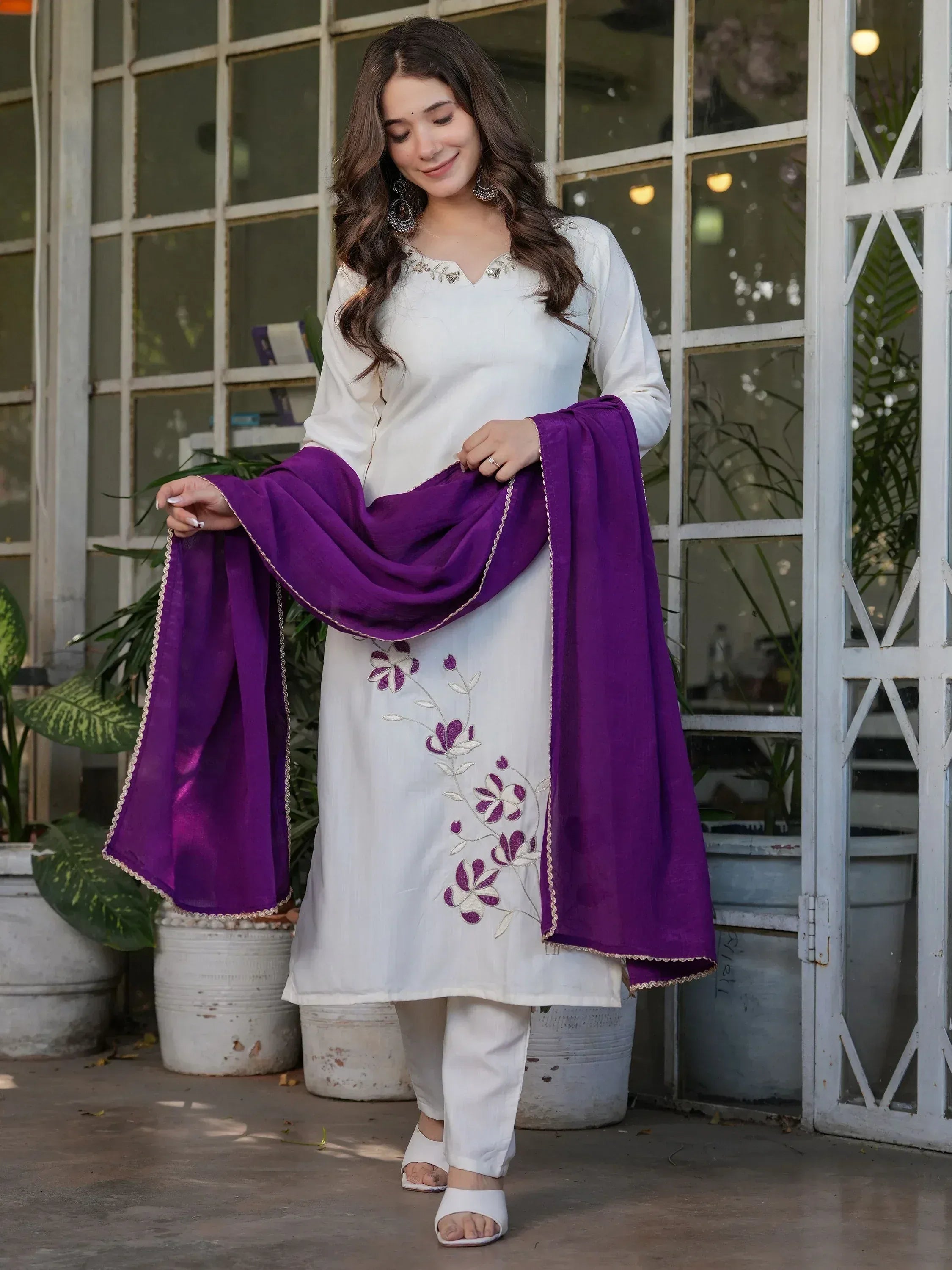 White embroidered kurta with purple dupatta, ethnic salwar kameez outfit for women