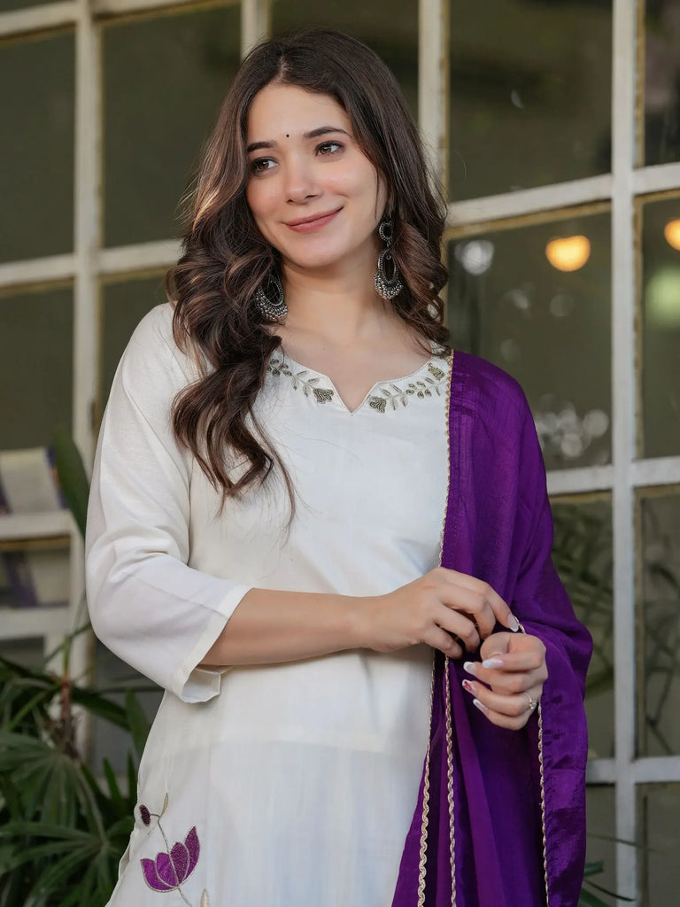 Fascinating Off-White Embroidered Viscose Casual Wear Pant Suit