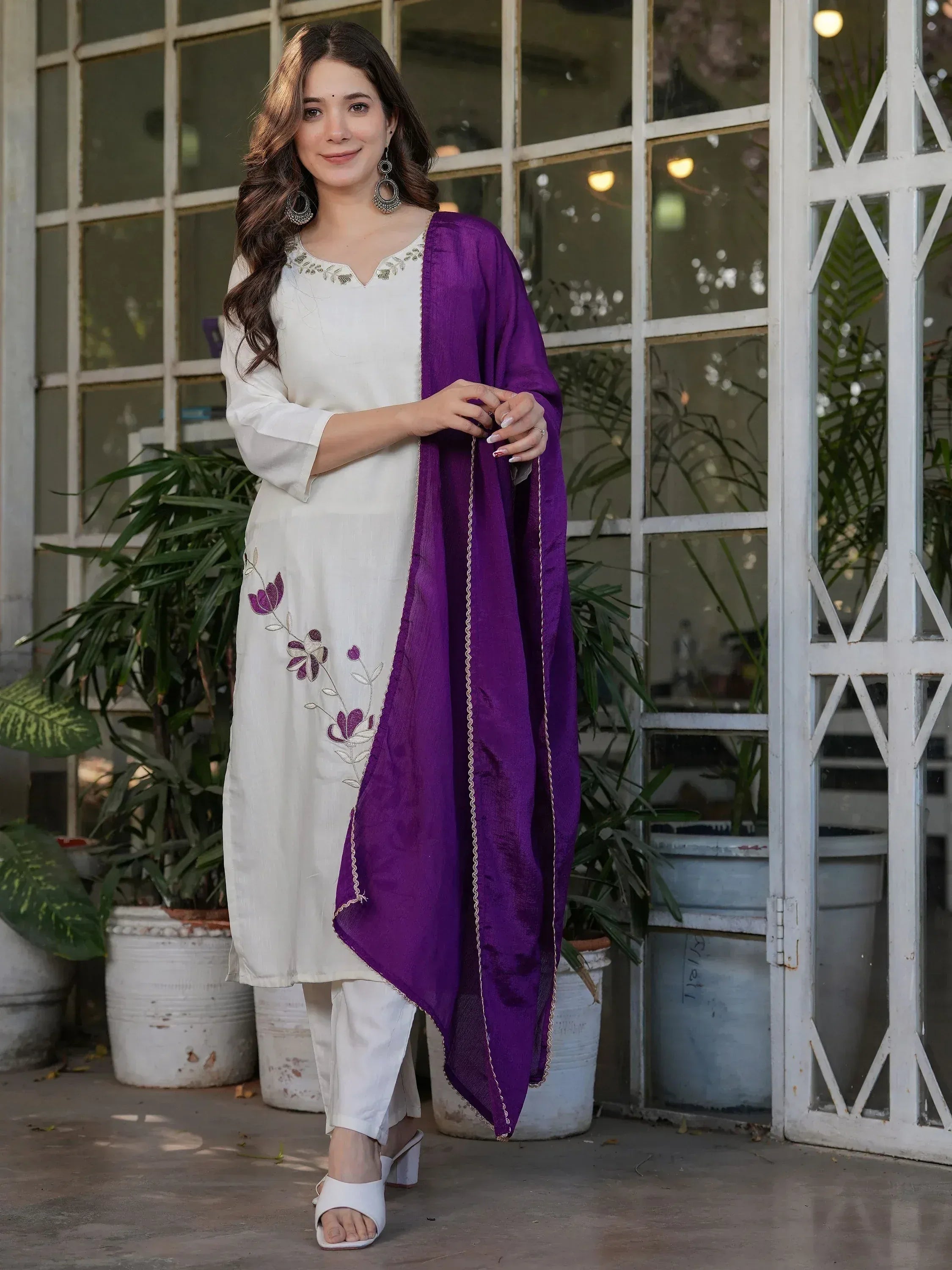 White embroidered kurta with purple dupatta, stylish ethnic wear for women