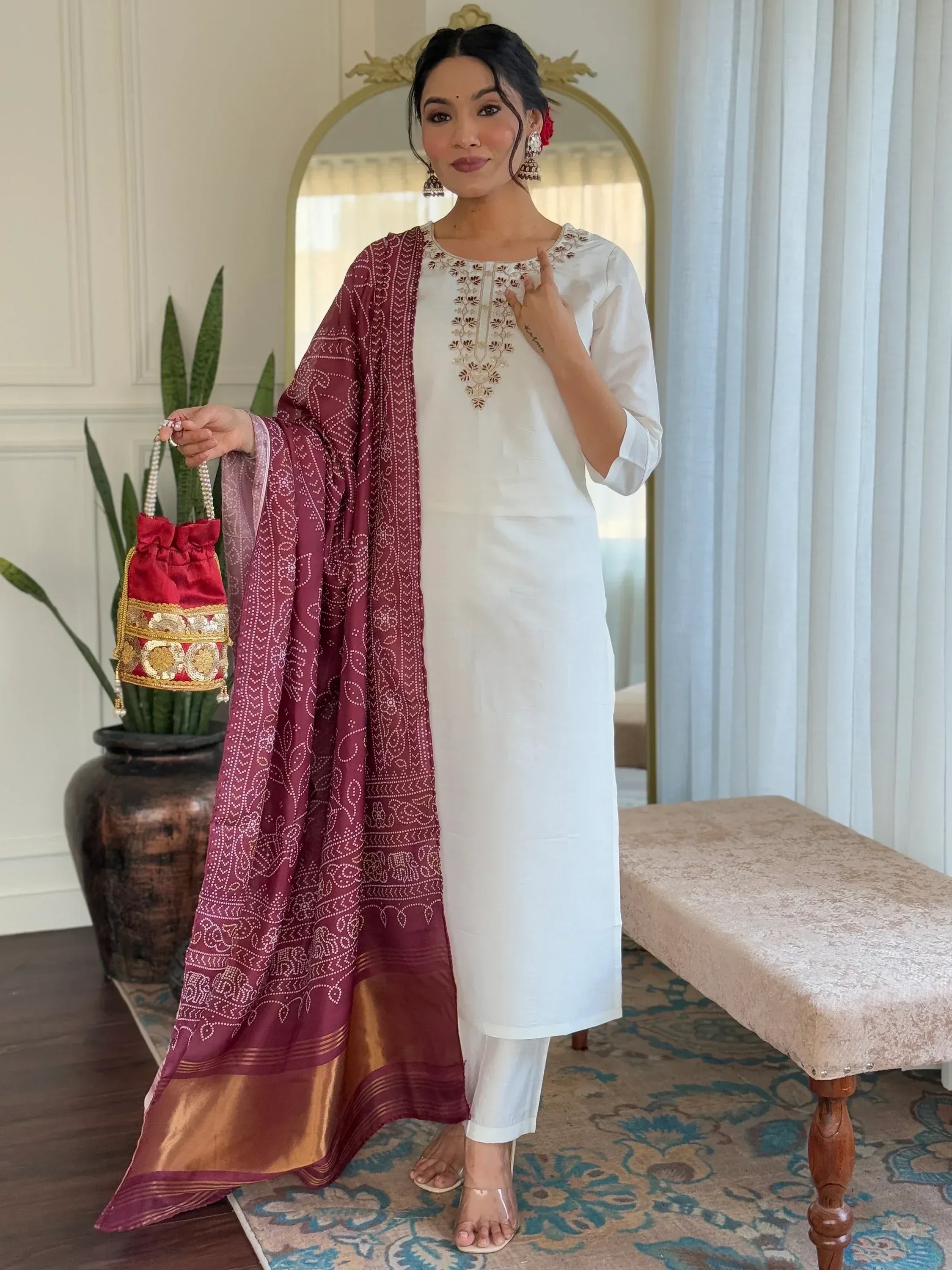 White embroidered kurta with maroon printed dupatta, ethnic Indian wear for women