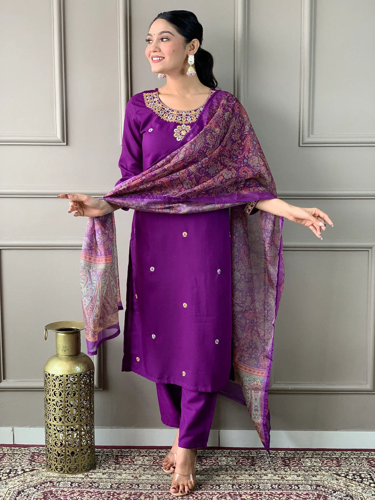 Enchanting Wine Embroidered Rayon Festival Wear Pant Suit With Dupatta