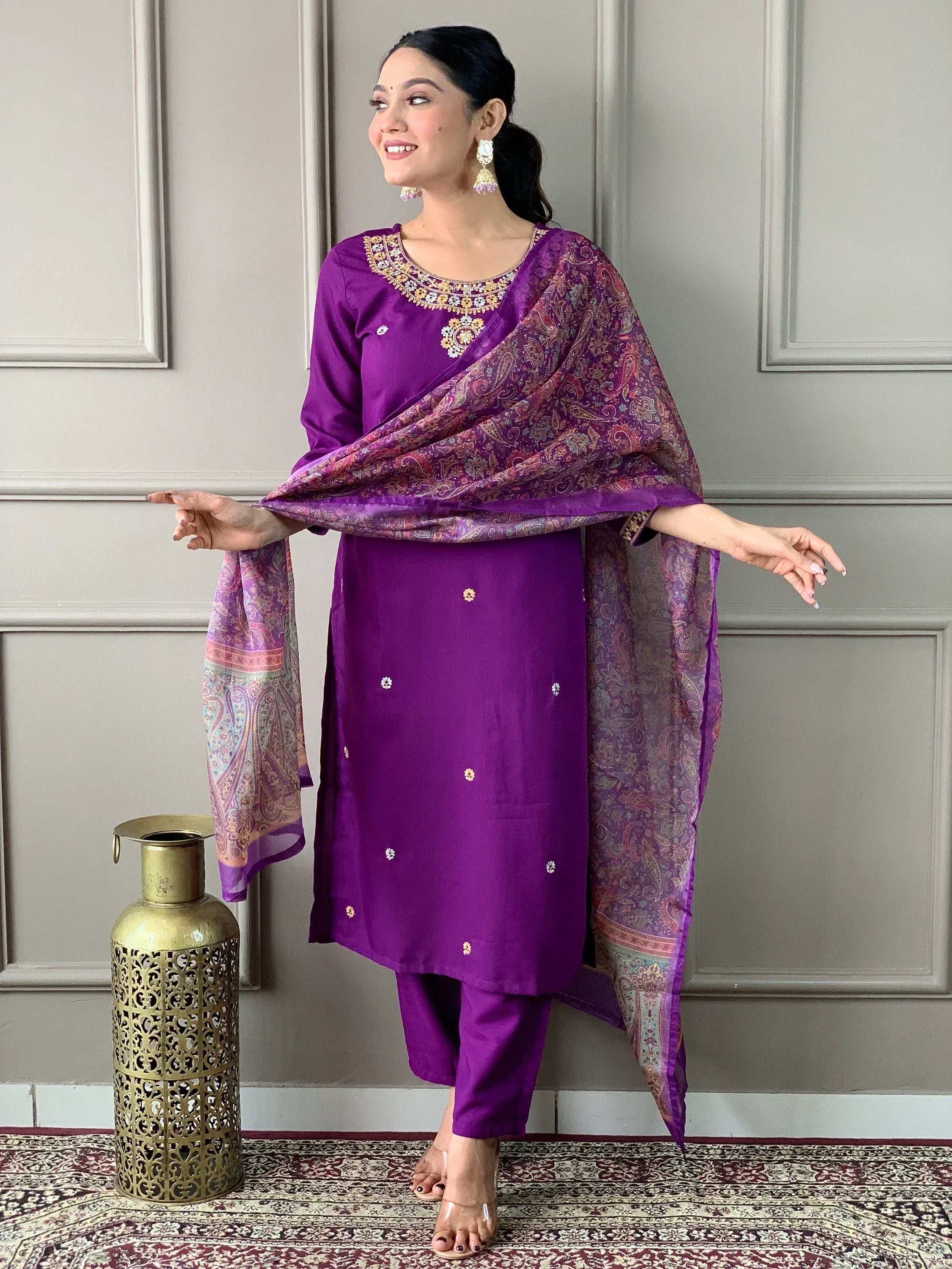 Purple embroidered salwar kameez with paisley dupatta, Indian ethnic wear for women