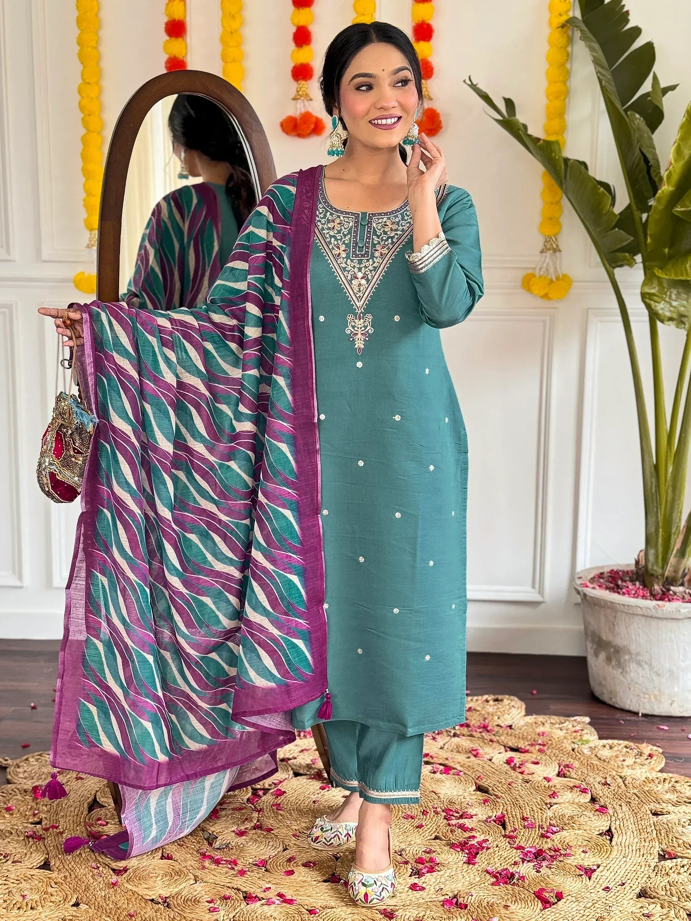 Teal embroidered kurta with purple and green printed dupatta, perfect for Indian ethnic wear occasions.