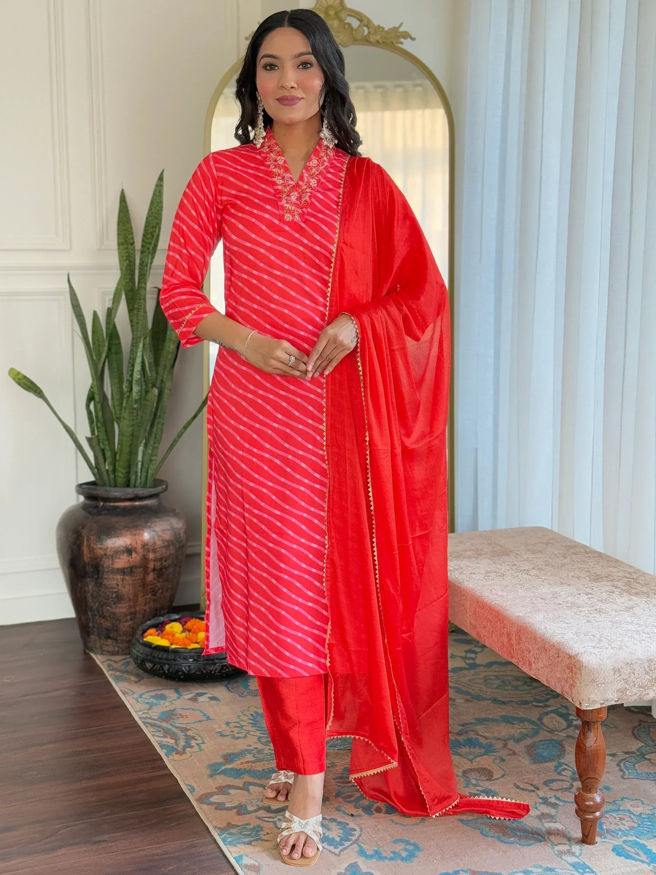 Red striped salwar kameez with embroidered neckline and matching dupatta, Indian ethnic wear