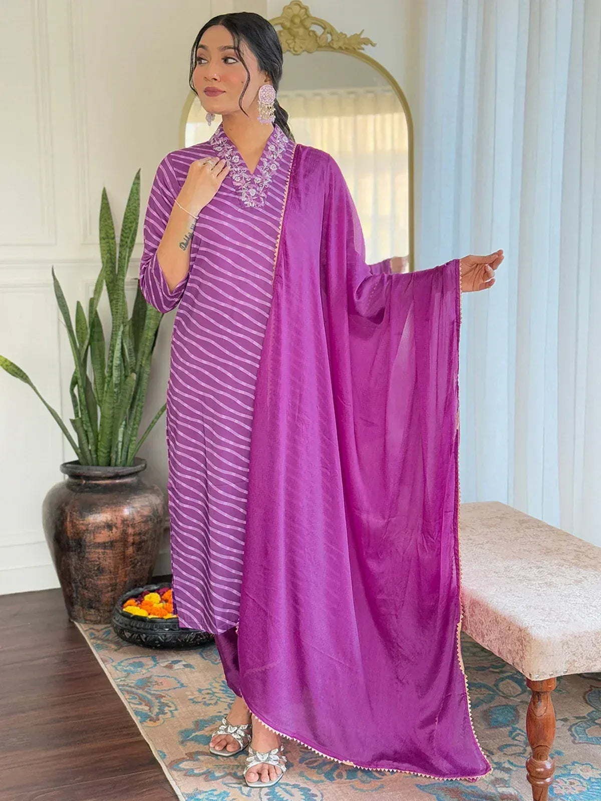 Purple striped kurta with matching dupatta, ethnic wear for women
