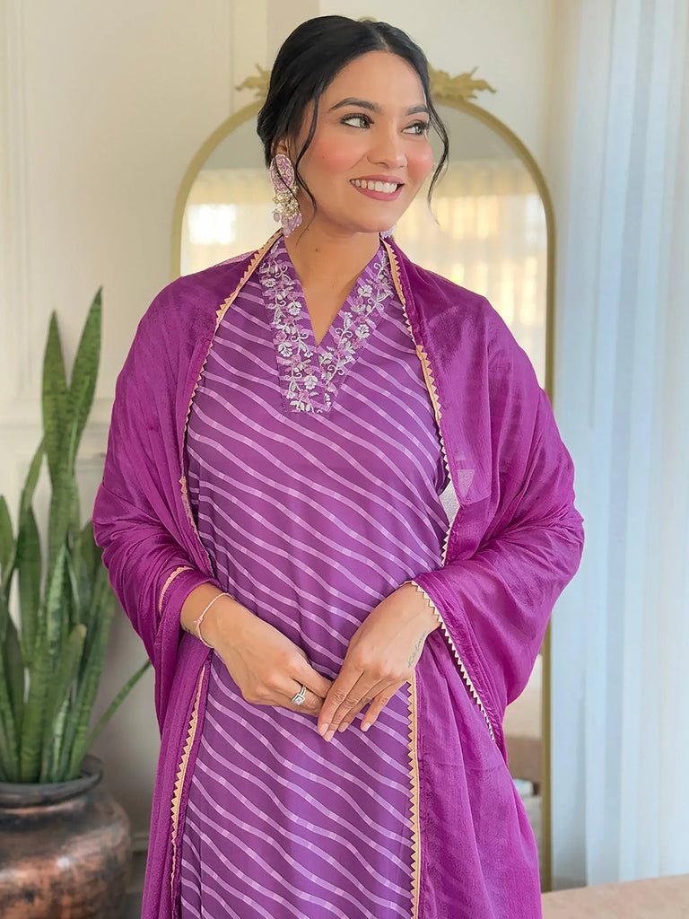 Marvelous Purple Printed Traditional Pant Suit With Chinon Dupatta