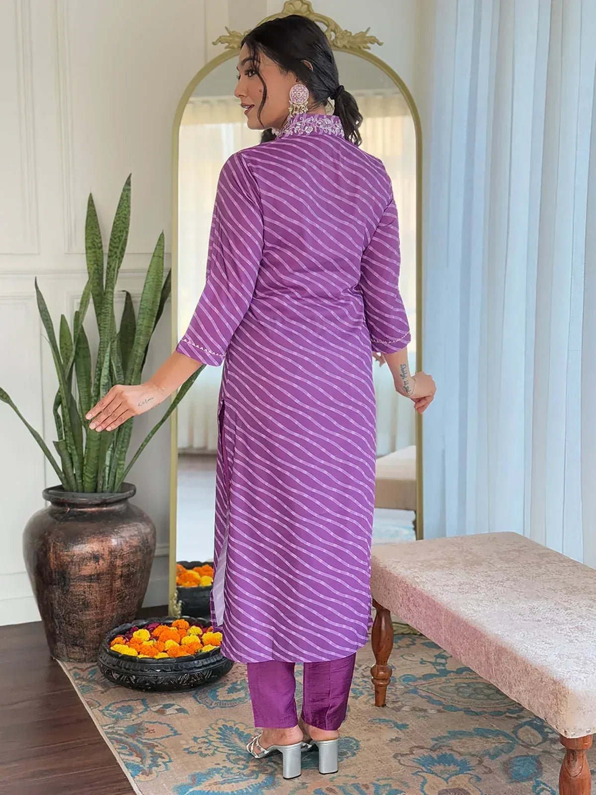 Purple striped kurta with matching pants, ethnic Indian wear for women