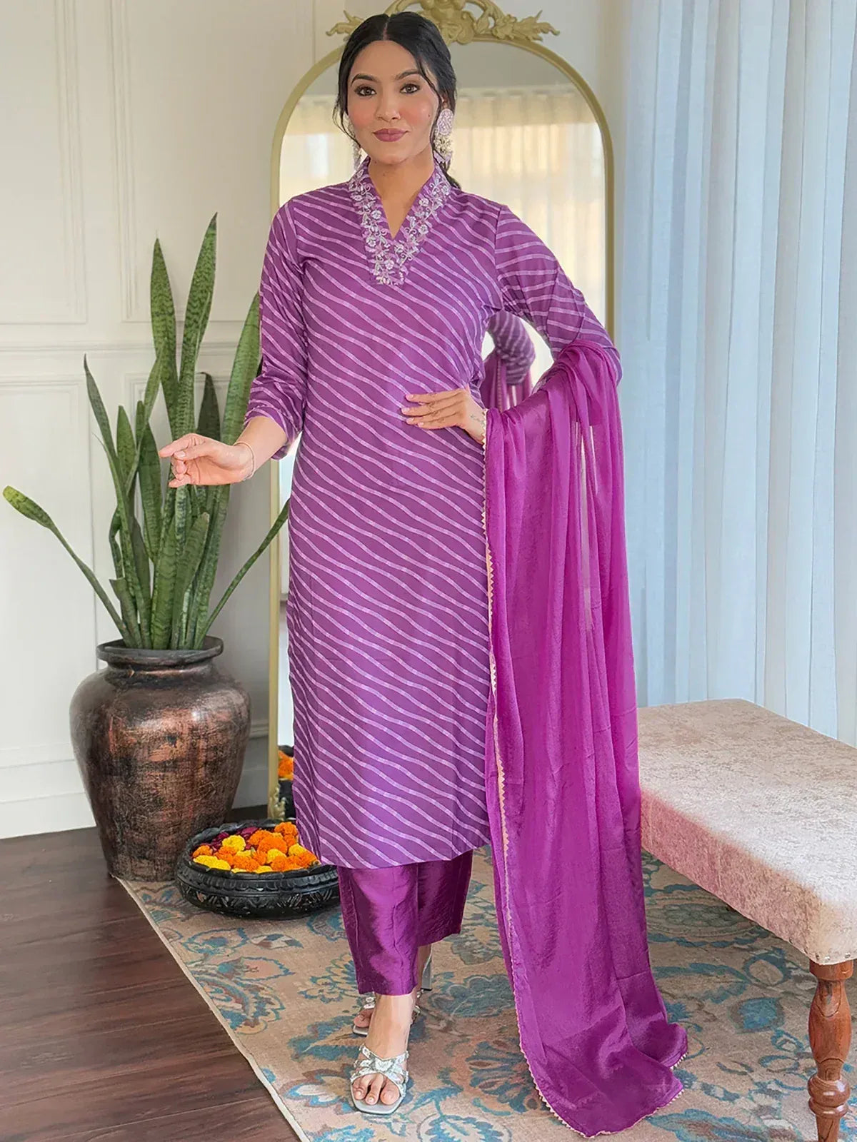 Purple striped salwar kameez with embroidered neckline and matching dupatta, stylish Indian ethnic wear