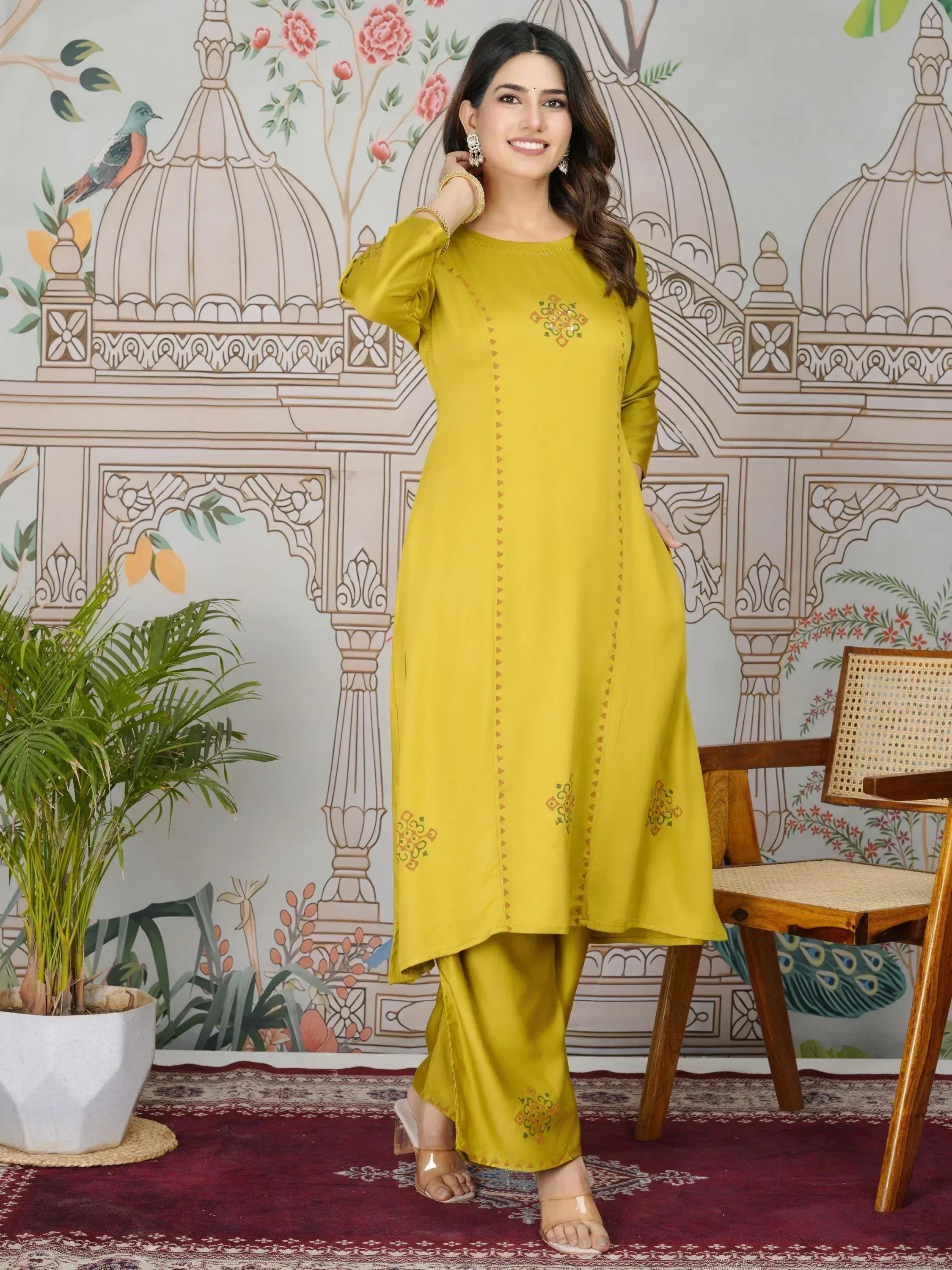 Yellow embroidered kurta with palazzo pants, Indian ethnic wear for women