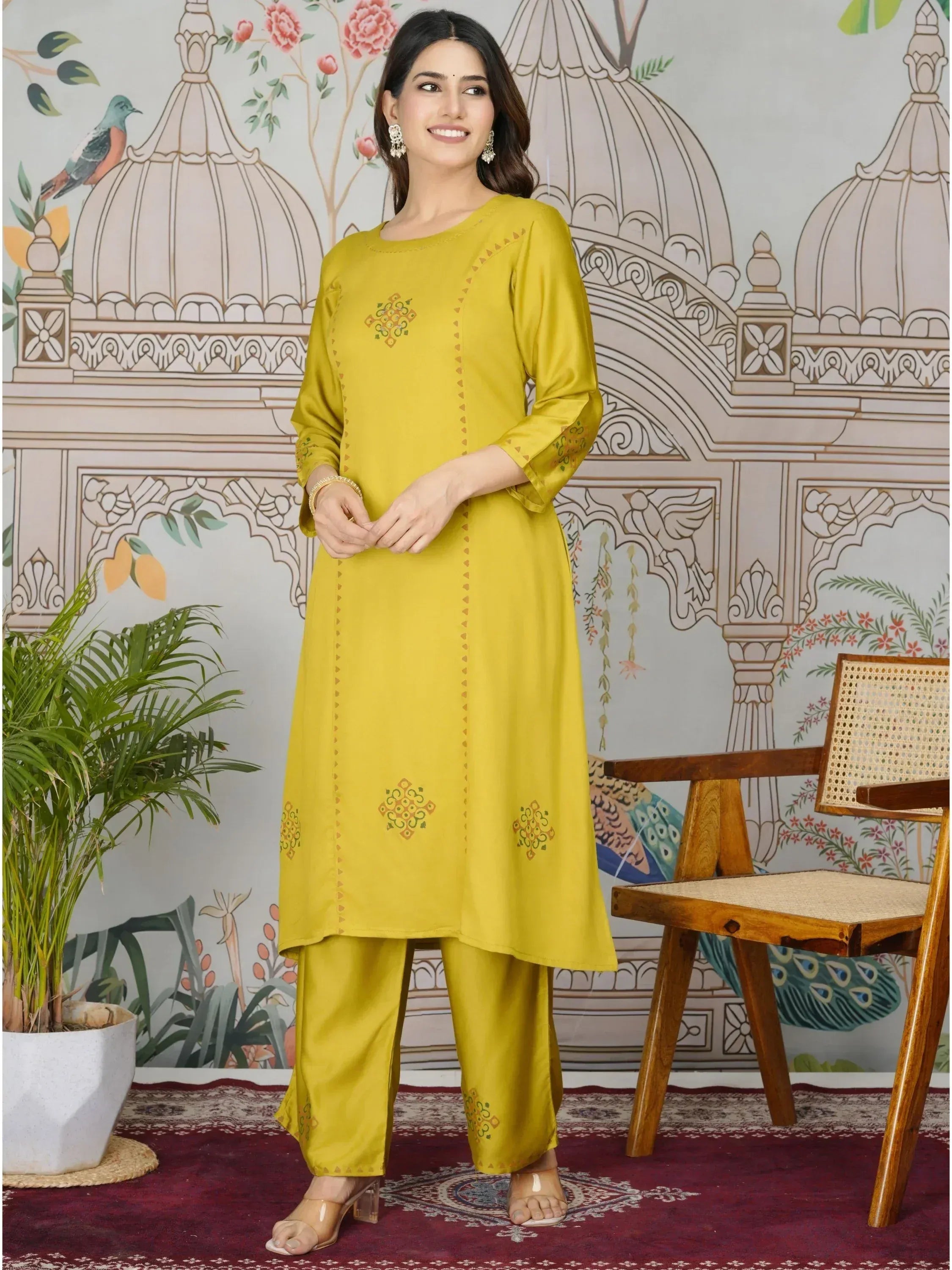 Yellow embroidered kurta set with palazzo pants, Indian ethnic wear for women