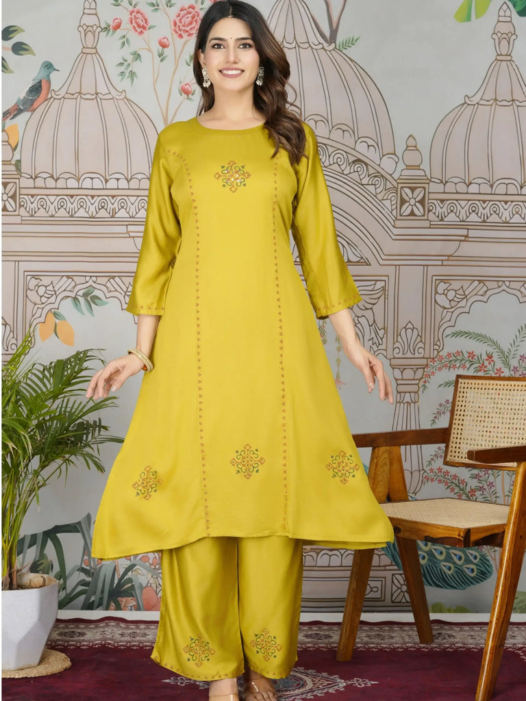 Marvelous Mustard Yellow Printed Gajji Silk Haldi Wear Kurti With Pant
