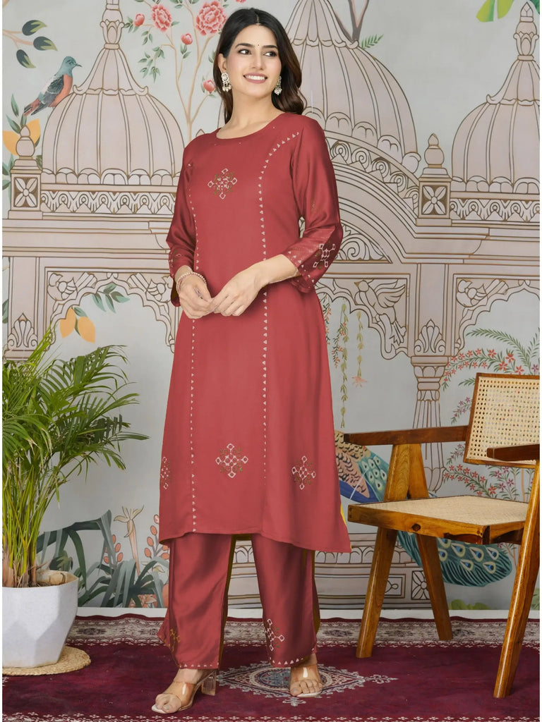 Majestic Dusty Red Printed Gajji Silk Casual Wear Kurti With Pant