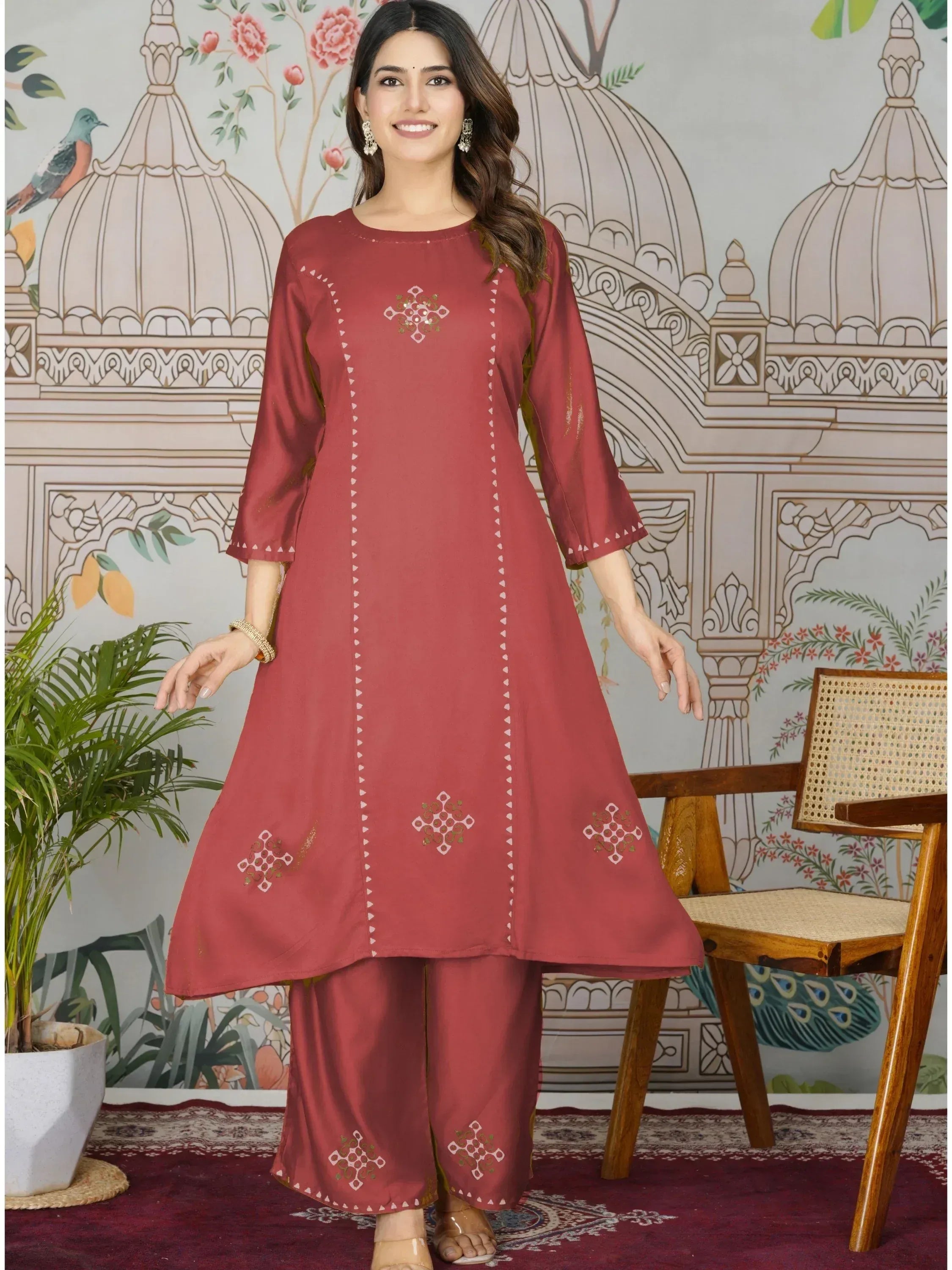 Maroon ethnic kurta with embroidery and palazzo pants, Indian designer wear