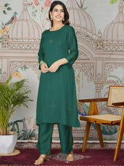 Aesthetic Teal Green Printed Gajji Silk Mehendi Wear Kurti With Pant