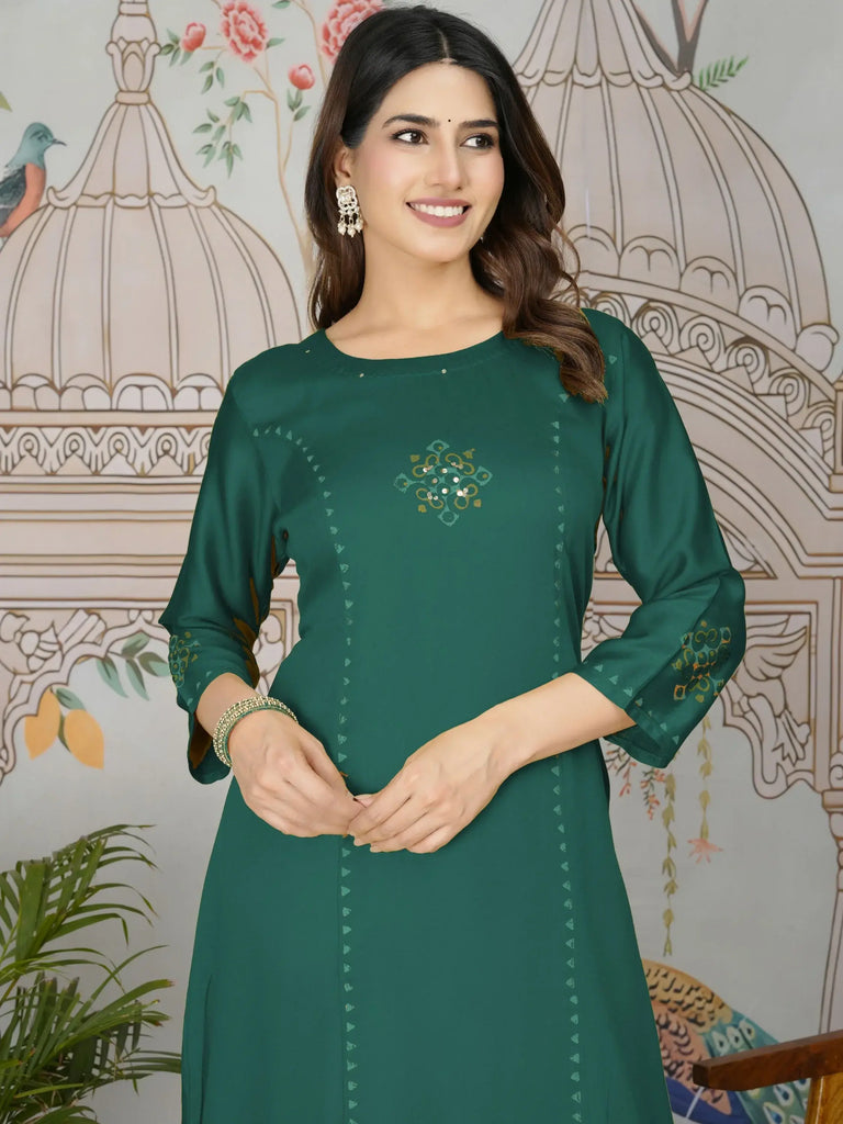 Aesthetic Teal Green Printed Gajji Silk Mehendi Wear Kurti With Pant