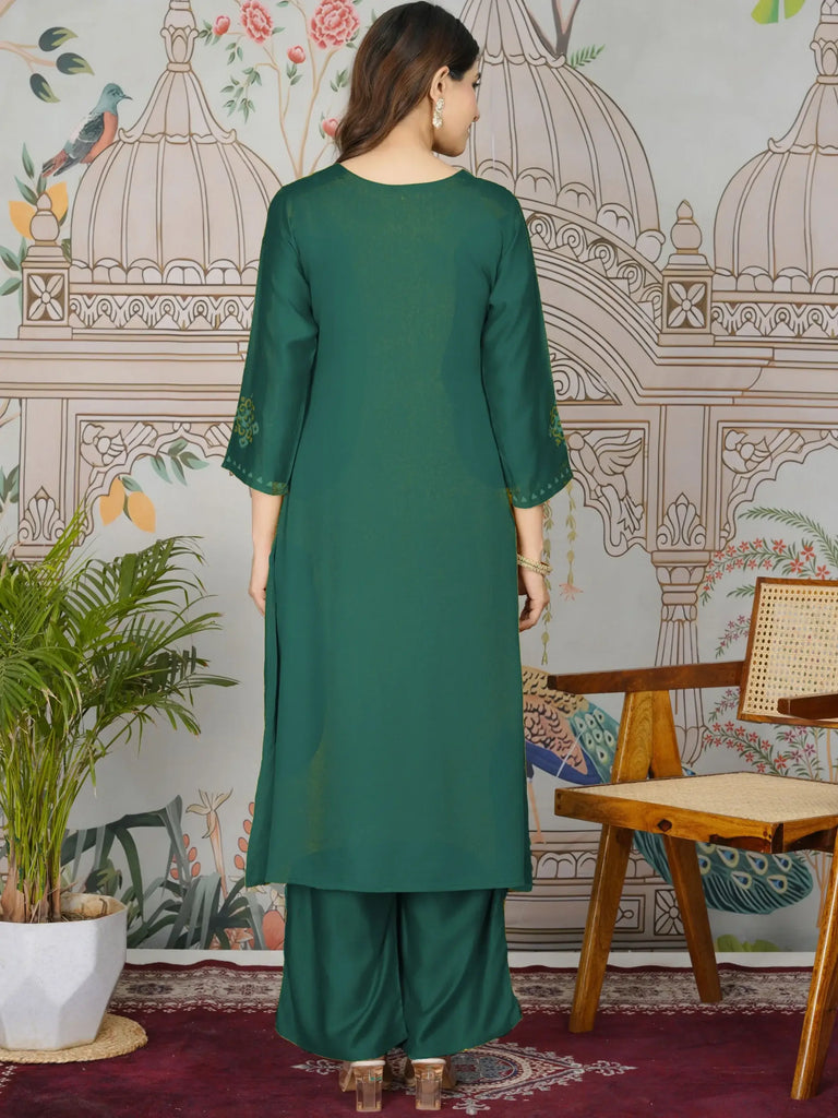Aesthetic Teal Green Printed Gajji Silk Mehendi Wear Kurti With Pant