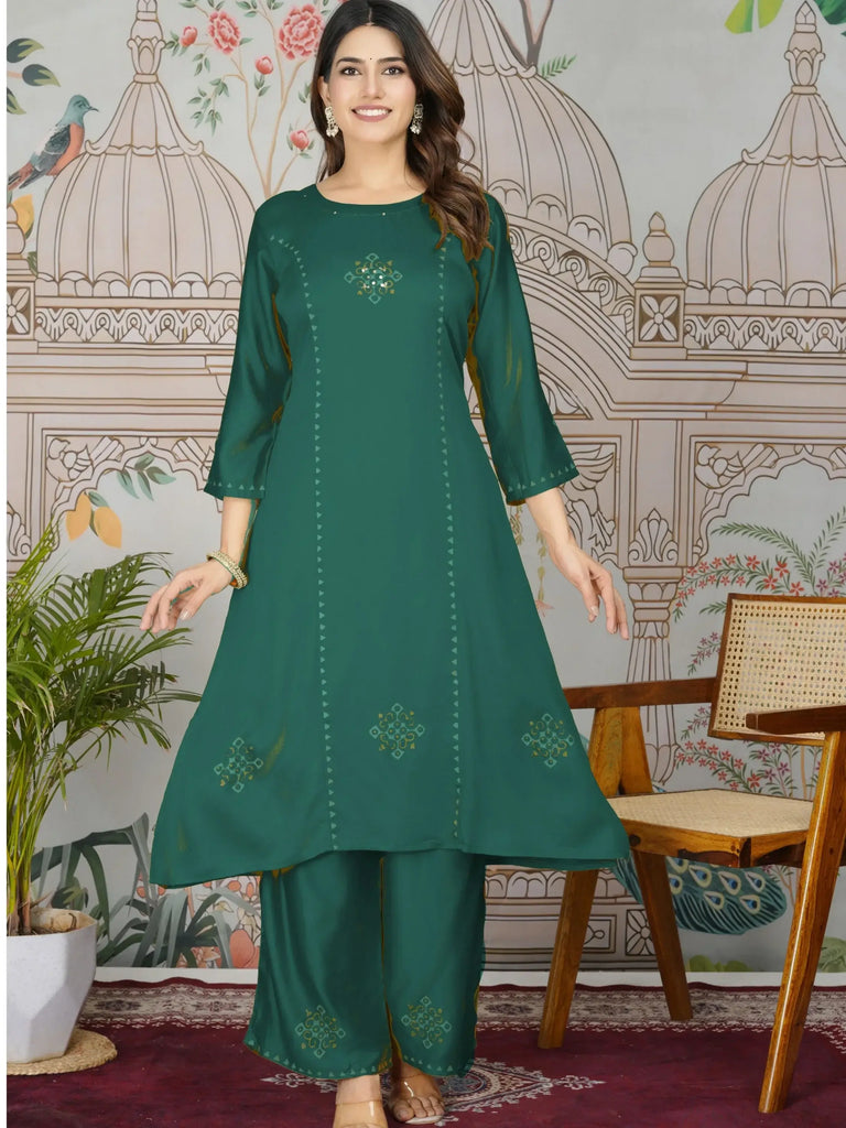 Aesthetic Teal Green Printed Gajji Silk Mehendi Wear Kurti With Pant