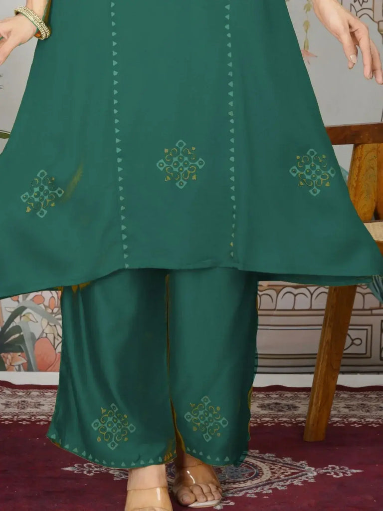 Aesthetic Teal Green Printed Gajji Silk Mehendi Wear Kurti With Pant