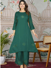 Aesthetic Teal Green Printed Gajji Silk Mehendi Wear Kurti With Pant