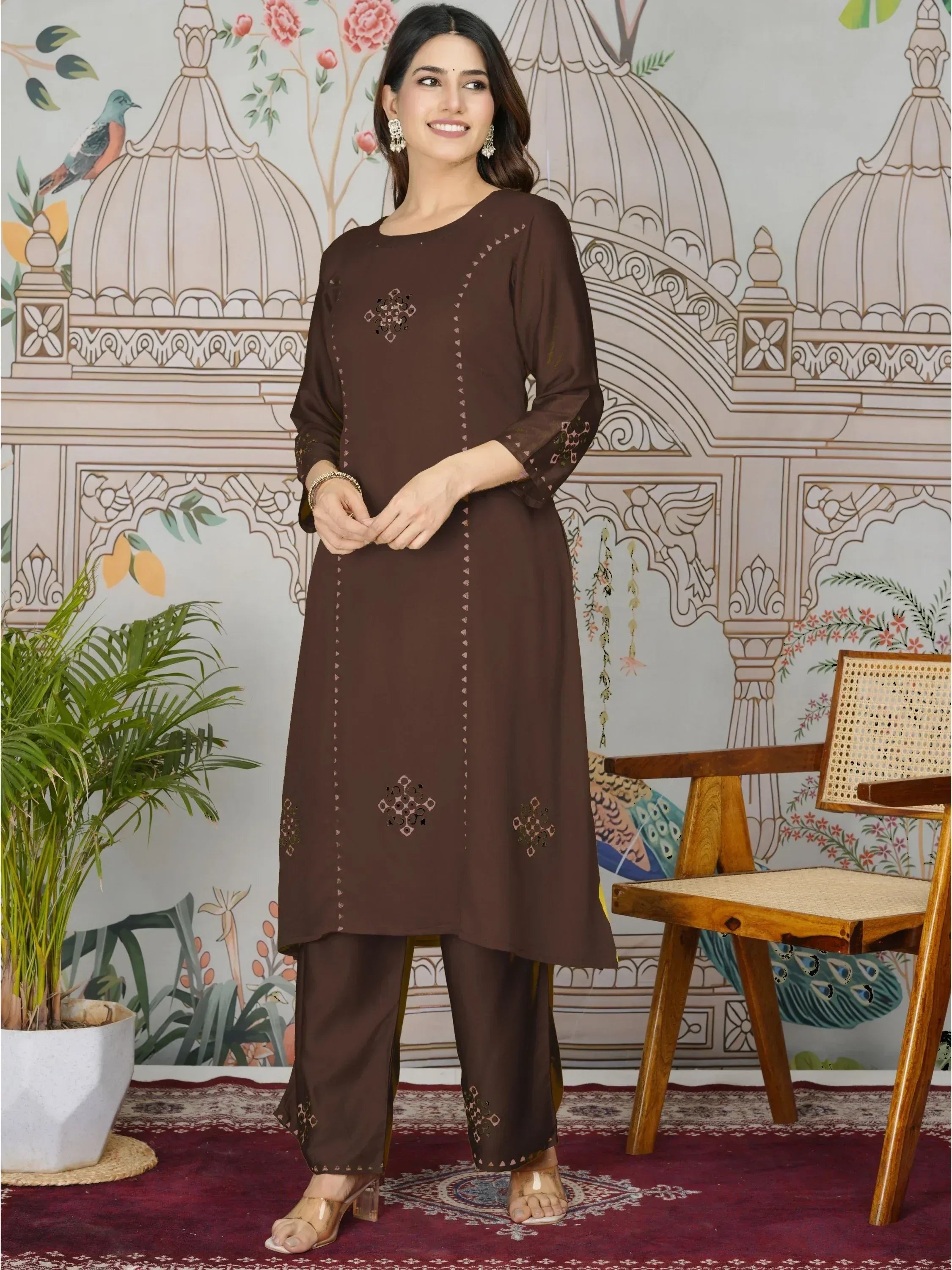 Brown embroidered kurta with palazzo pants, Indian ethnic wear for women