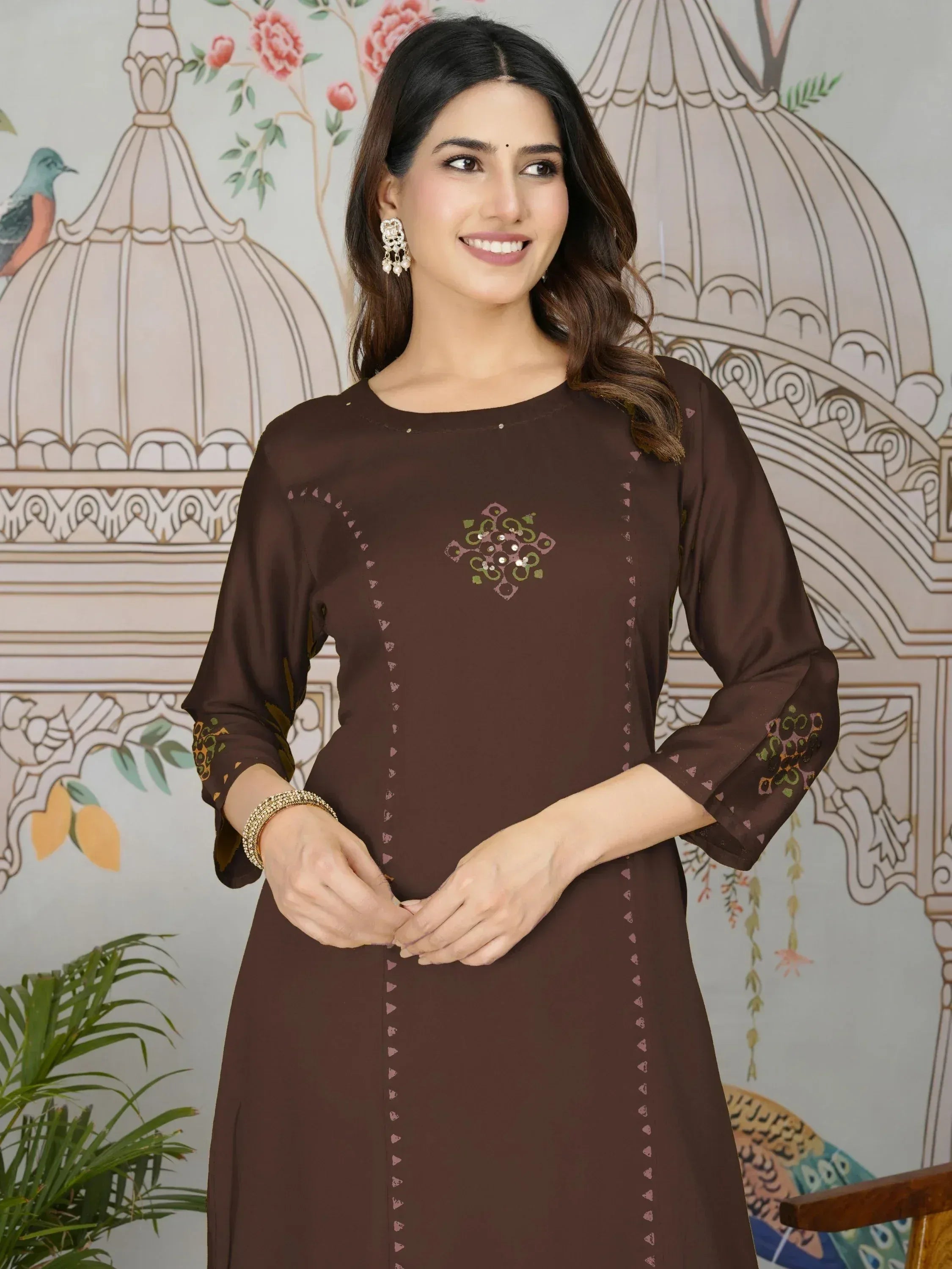 Brown ethnic kurti with floral embroidery and mirror work, perfect for Indian wear