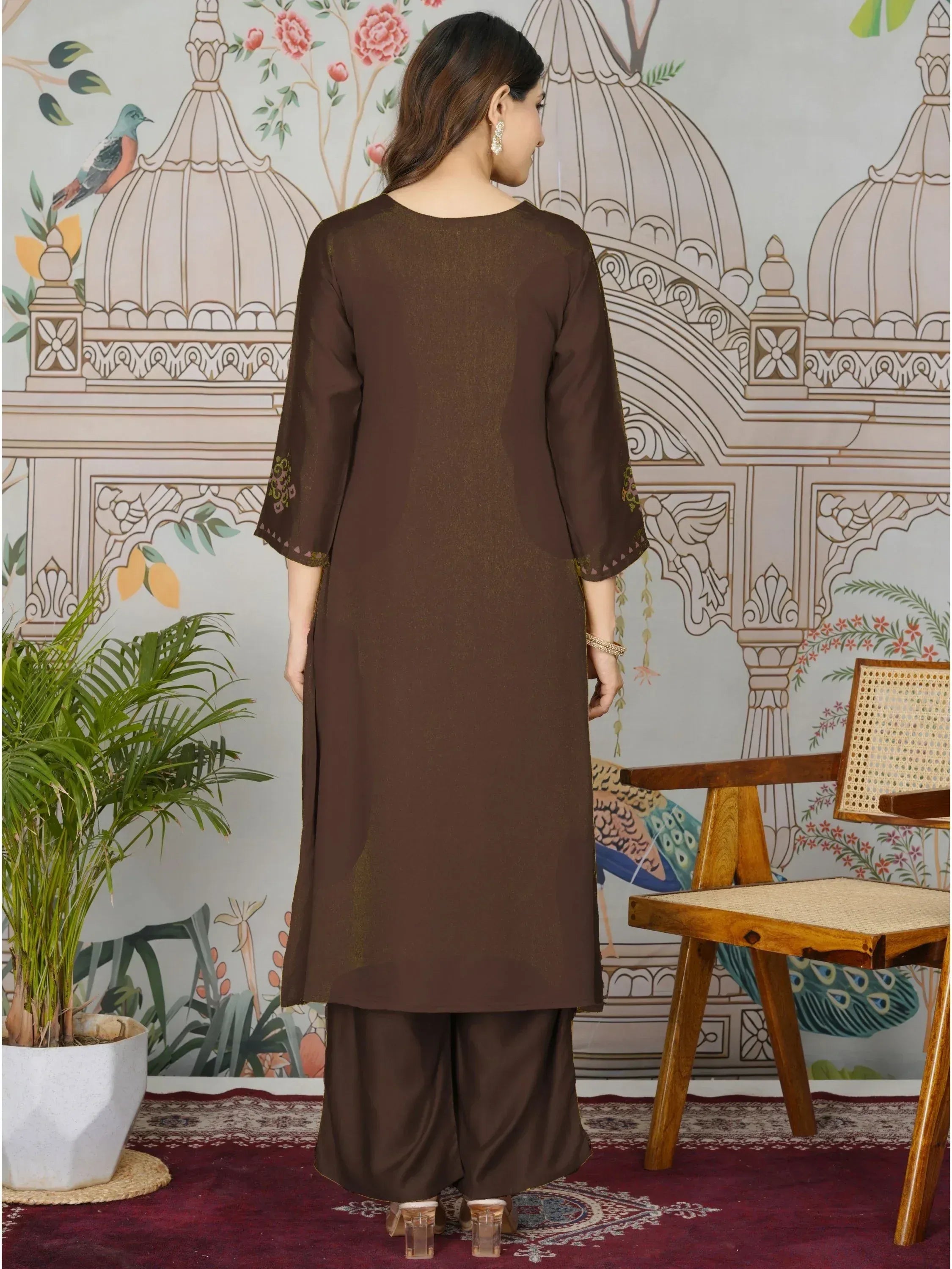 Brown ethnic kurta with embroidered sleeves paired with palazzo pants, ideal for Indian wear