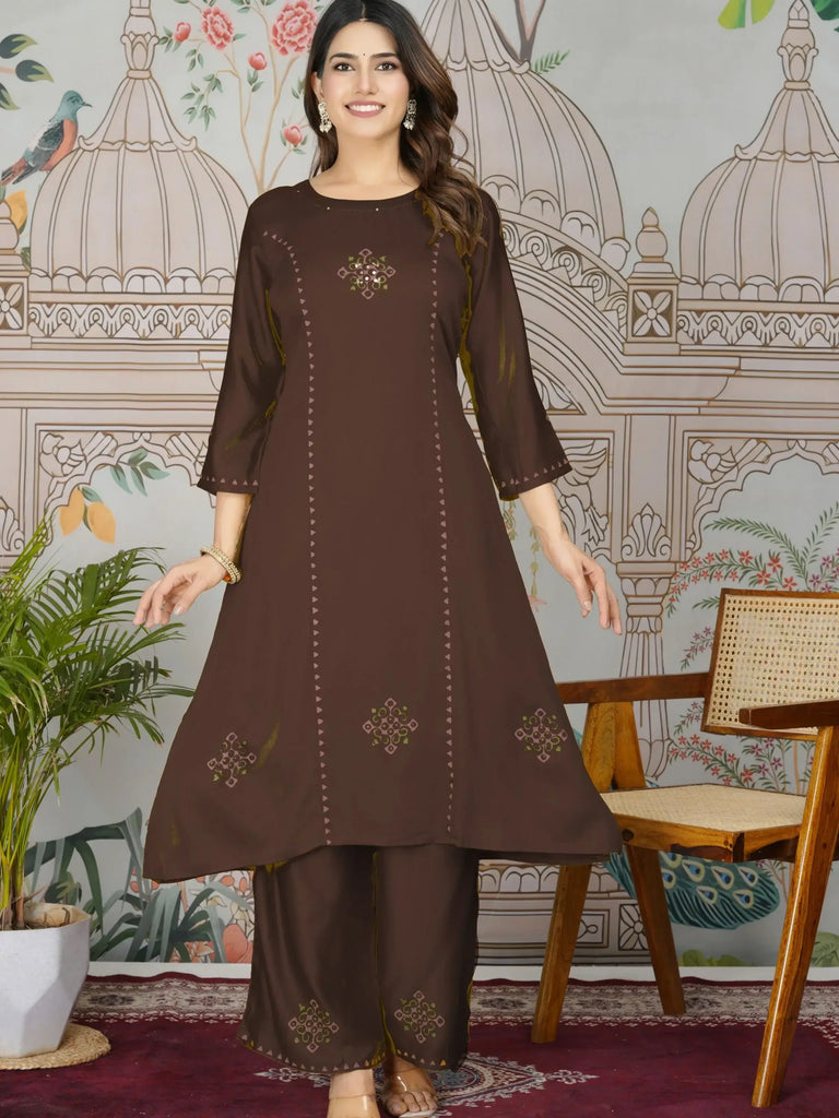 Beautiful Brown Printed Gajji Silk Office Wear Kurti With Pant