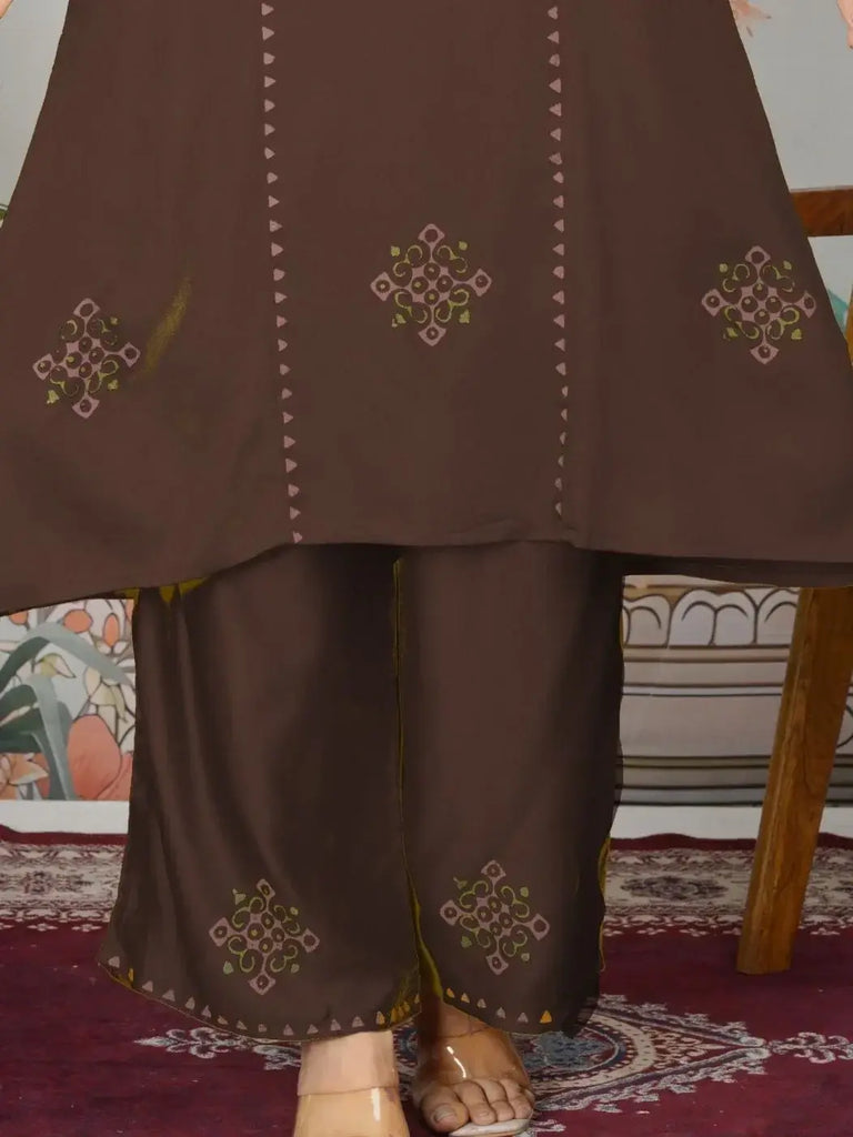 Beautiful Brown Printed Gajji Silk Office Wear Kurti With Pant