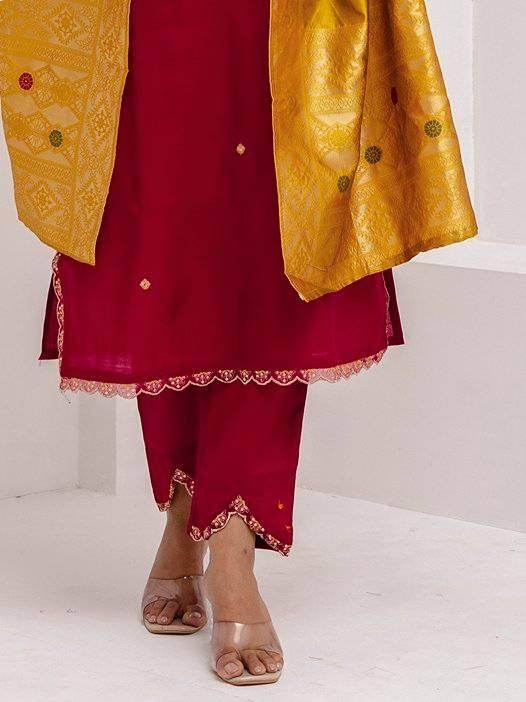 Fabulous Maroon Thread Embroidery Viscose Silk Traditional Pant Suit
