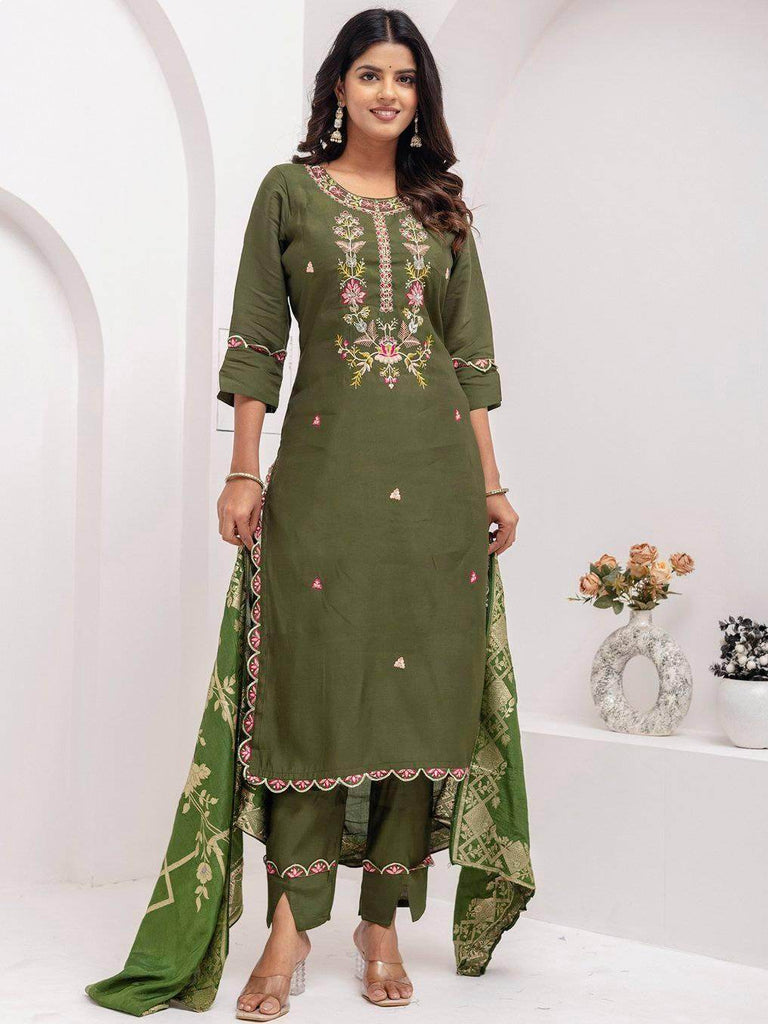 Majestic Green Hand Embroidery Viscose Silk Mehendi Wear Pant Suit