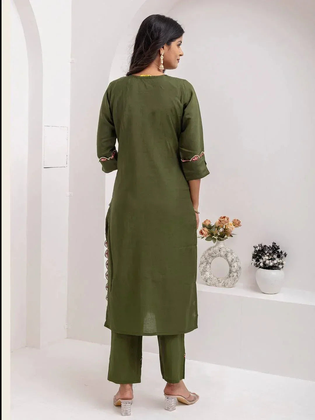 Olive green embroidered kurta with matching pants, ethnic wear for women