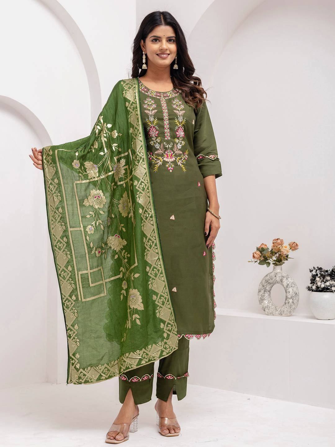 Olive green embroidered salwar kameez with floral dupatta, Indian ethnic wear for women