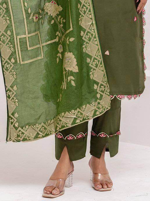 Majestic Green Hand Embroidery Viscose Silk Mehendi Wear Pant Suit