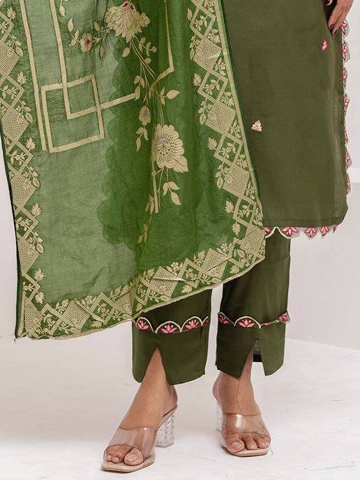 Green ethnic salwar kameez with floral embroidery and geometric dupatta design