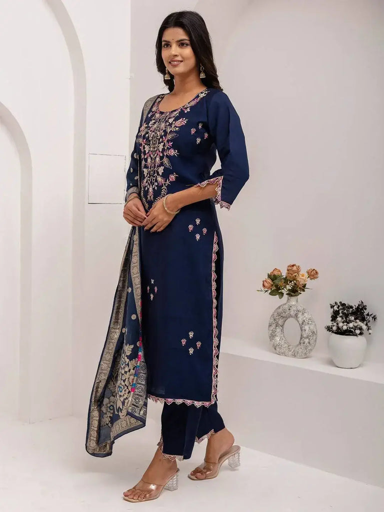 Magnetic Navy Blue Embroidered Viscose Silk Festive Wear Pant Suit