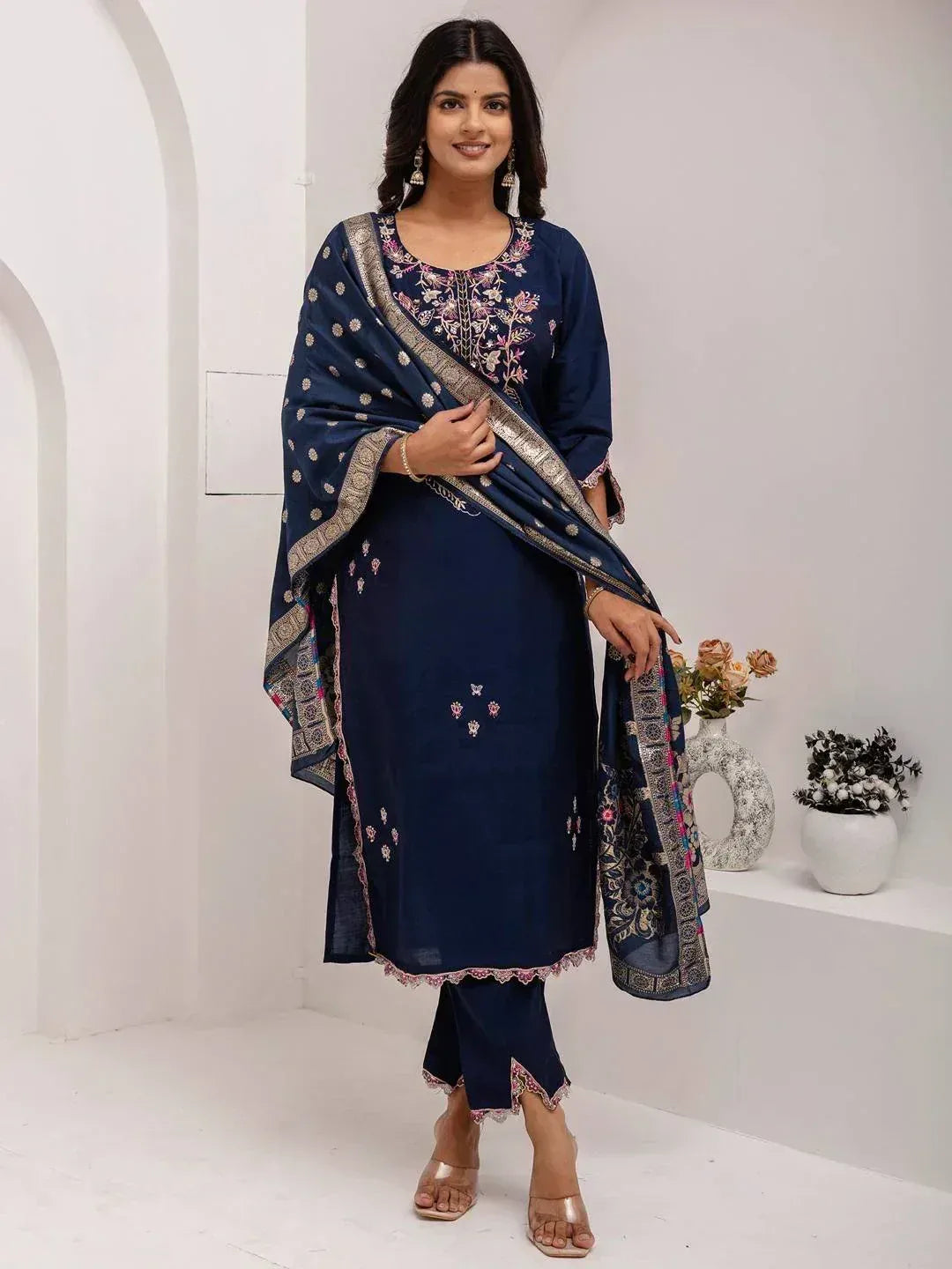 Navy blue embroidered salwar kameez with floral dupatta, Indian ethnic wear for women