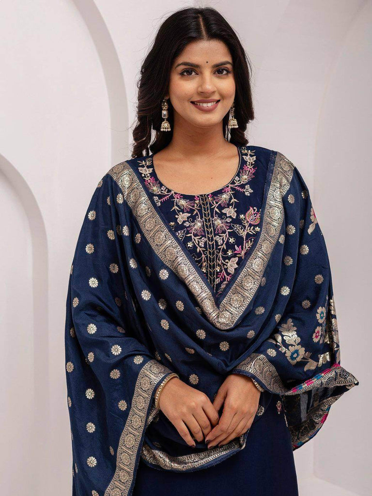 Magnetic Navy Blue Embroidered Viscose Silk Festive Wear Pant Suit