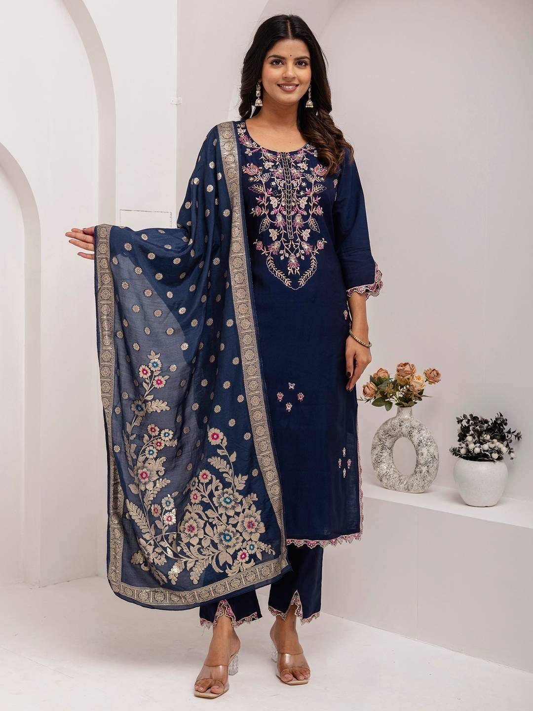 Navy blue embroidered salwar kameez with floral dupatta, Indian ethnic wear for women