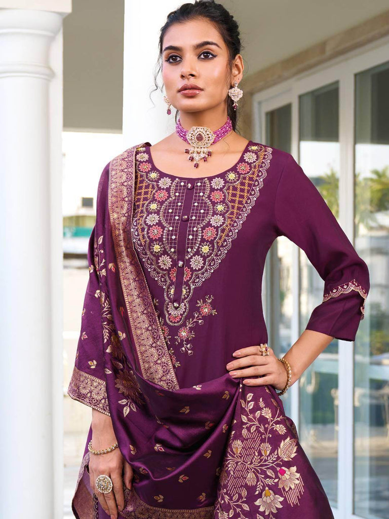 Dazzling Purple Hand Work Viscose Silk Pant Suit With Dupatta